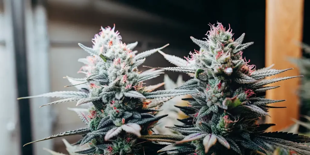 Close-up of Wedding Cake cannabis buds, highlighting frosty trichomes and orange pistils against dark foliage.
