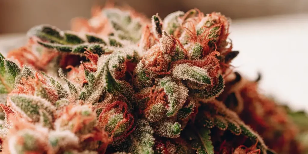 Close-up of Wedding Cake cannabis plant with dense buds covered in resinous trichomes, set in dim lighting.