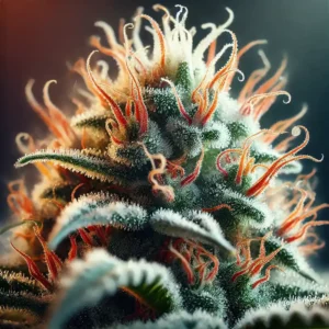 Macro shot of a cannabis bud covered in trichomes, with vivid orange pistils curling upwards, highlighting the frosty resin and intricate details of the plant