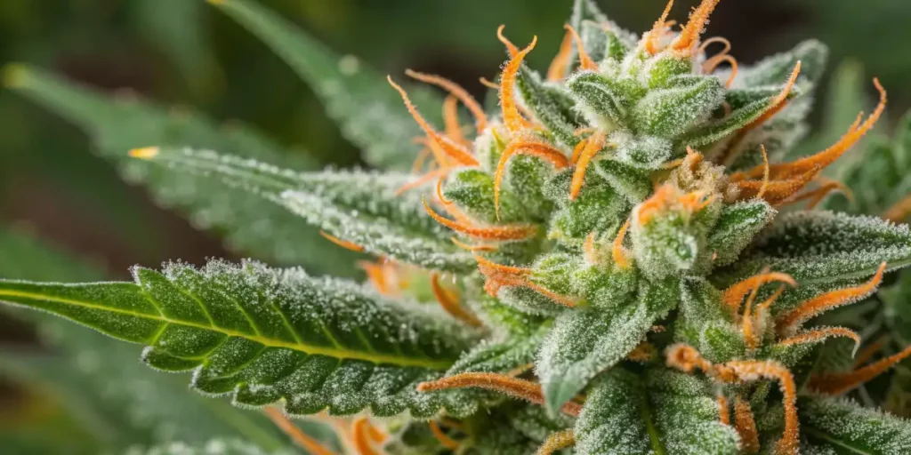 White Runtz cannabis bud surrounded by green leaves, showcasing frosty trichomes and vibrant orange pistils.