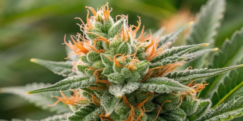 Detailed view of White Runtz cannabis bud with prominent purple hues and thick trichomes.