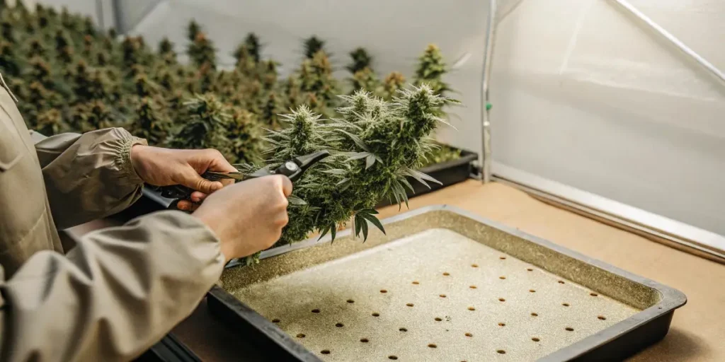 advanced cannabis trimming process in an indoor cultivation facility
