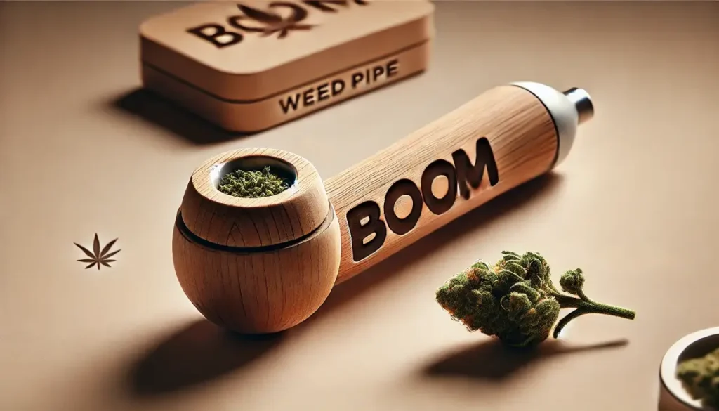 Wooden BOOM weed pipe filled with cannabis next to a storage box and cannabis bud.