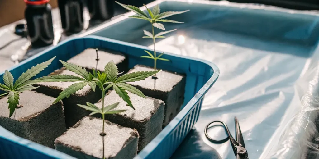 Cannabis clones planted in rockwool cubes inside a blue cloning tray, with scissors and nutrient bottles nearby