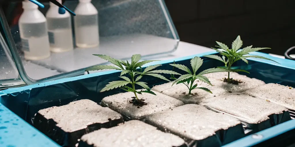 Young cannabis clones growing in rockwool cubes inside a humidity-controlled tray with nutrient bottles in the background