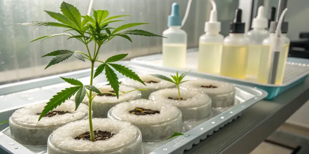 Cannabis clones in a rooting lab setup with round rockwool discs and nutrient bottles, under controlled lighting and humidity