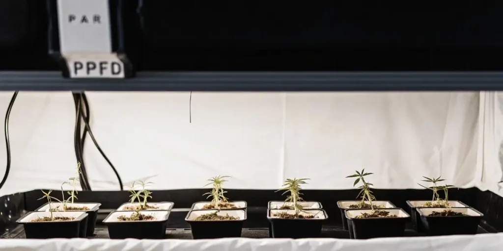 Cannabis clones under PPFD grow lights in a high-tech indoor cultivation setup.