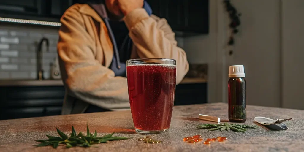 Cannabis detox drink with a glass of red liquid, pills, cannabis leaves, and oil bottle on a kitchen table.
