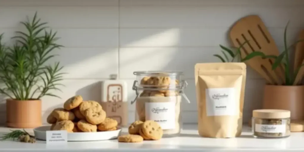 Cannabis-infused cookies on a kitchen counter with labeled jars and packaging.