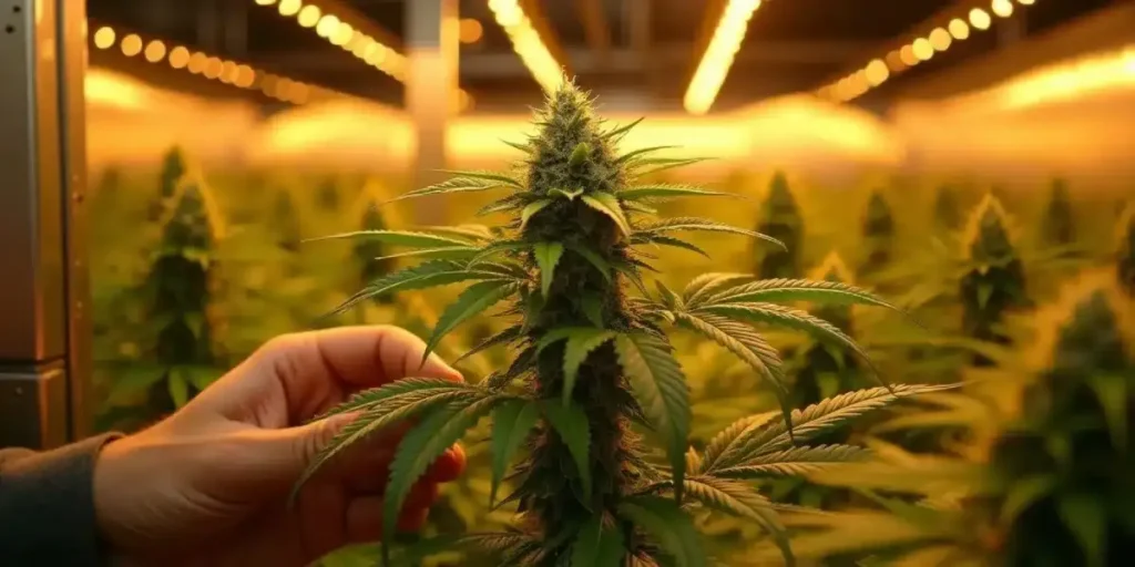 Hand inspecting flowering cannabis plant under indoor grow lights
