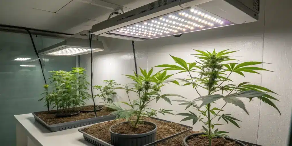 Indoor cannabis plants in the flowering stage under full-spectrum LED grow lights.