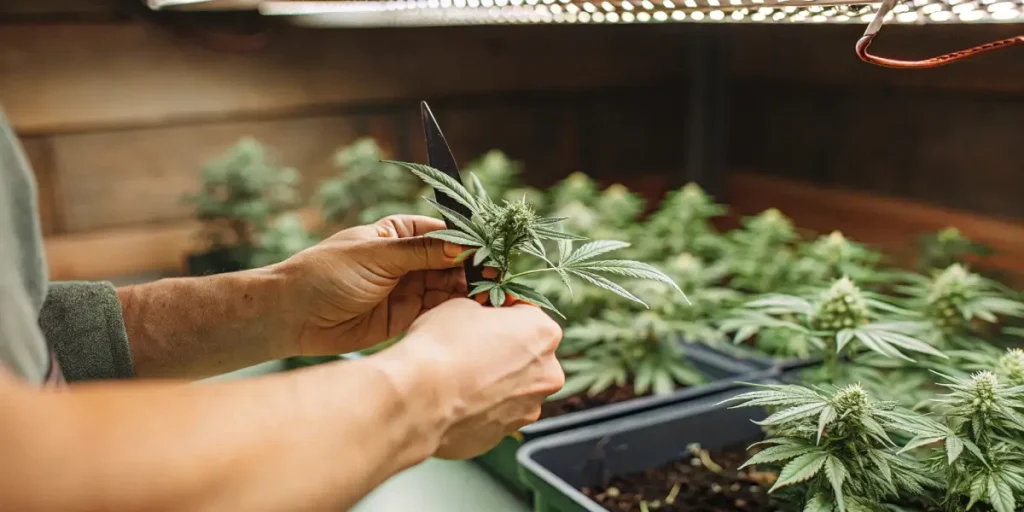 cannabis leaf trimming under LED lights in an indoor grow room