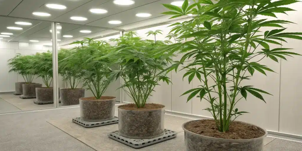 Cannabis plants in large pots inside a mirrored, well-lit indoor cultivation room.