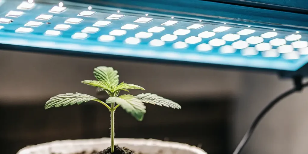 Cannabis seedling thriving under blue LED grow light in indoor cultivation
