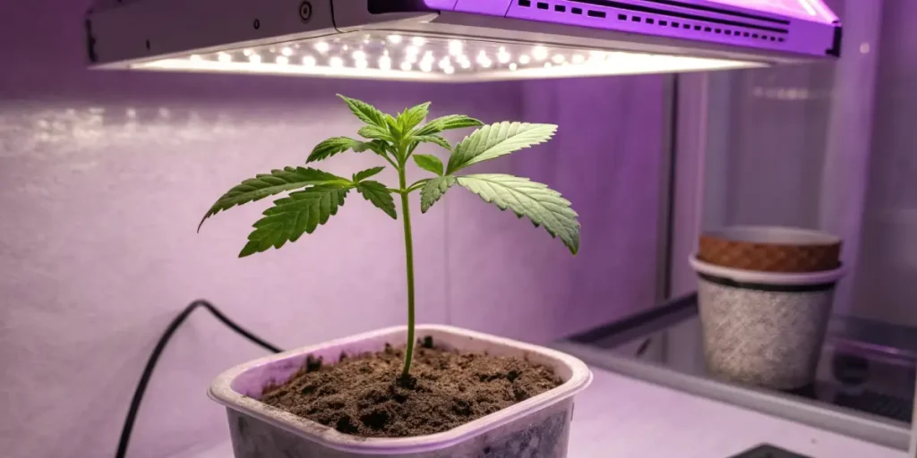 Cannabis seedling growing under purple LED grow light in a modern indoor setup