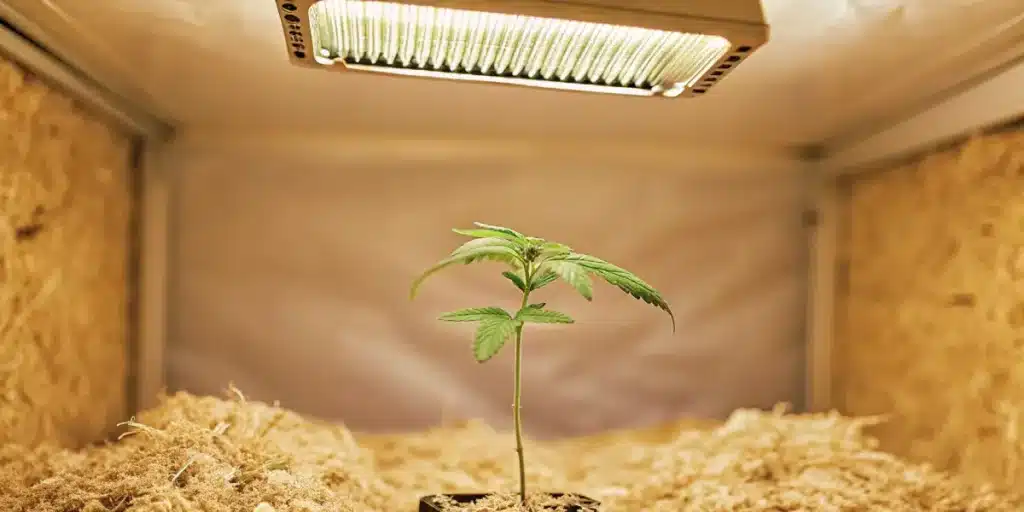 Cannabis seedling under bright white LED grow light in indoor setup