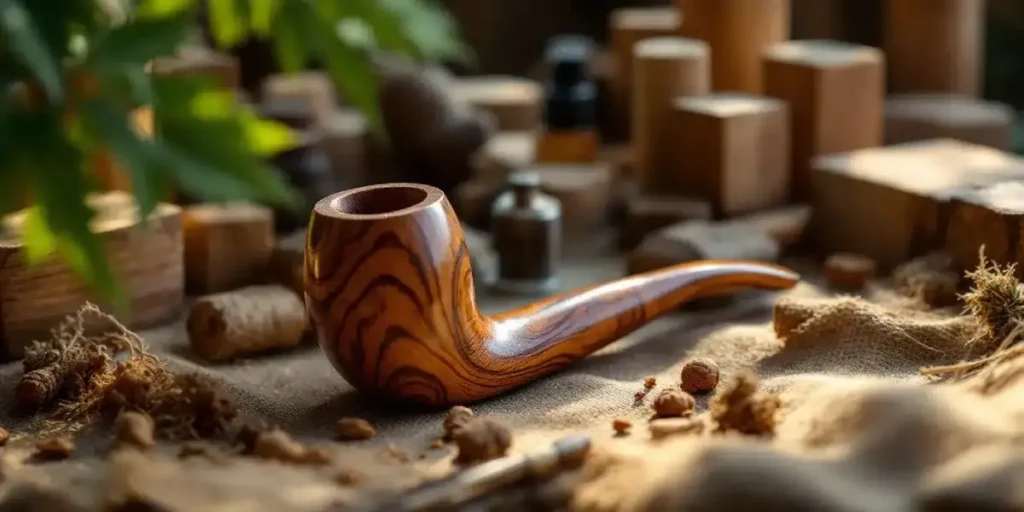Classic wooden weed pipe on a rustic table with wooden blocks and natural elements.