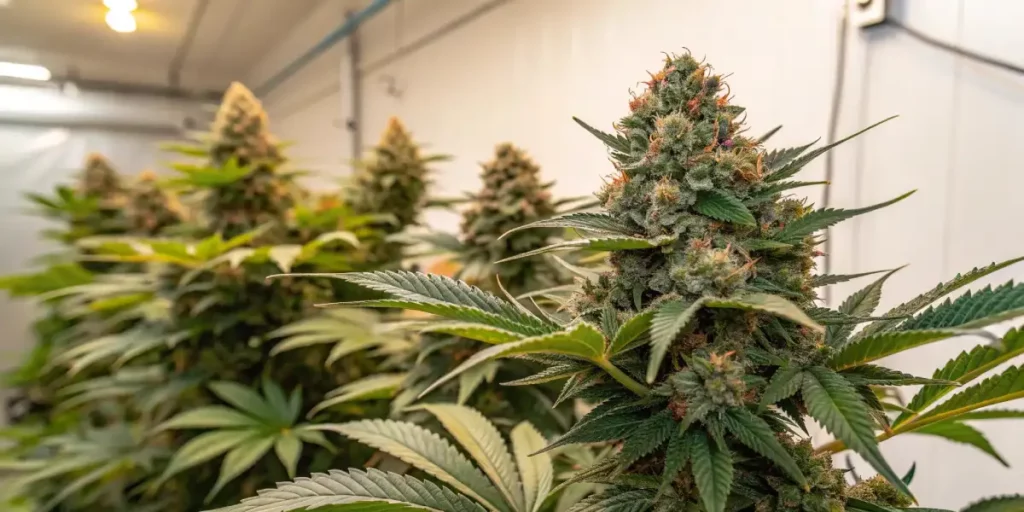 Cannabis plants with dense flowers and trichomes, thriving in a well-lit indoor grow room.
