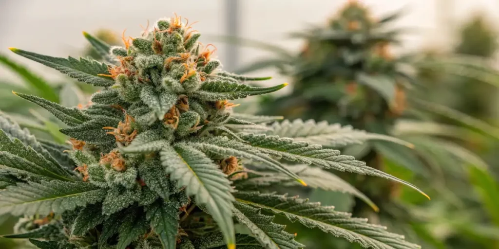 Dense cannabis flower with trichomes, orange pistils, and green leaves in a bright indoor garden.