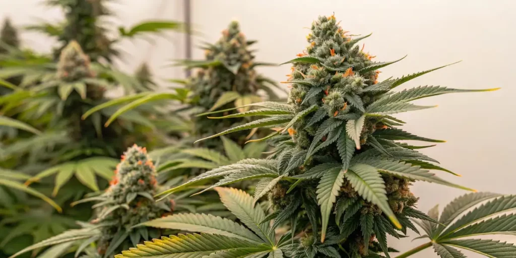 Close-up of a resin-covered cannabis flower with orange pistils and lush green leaves in a cultivation environment.