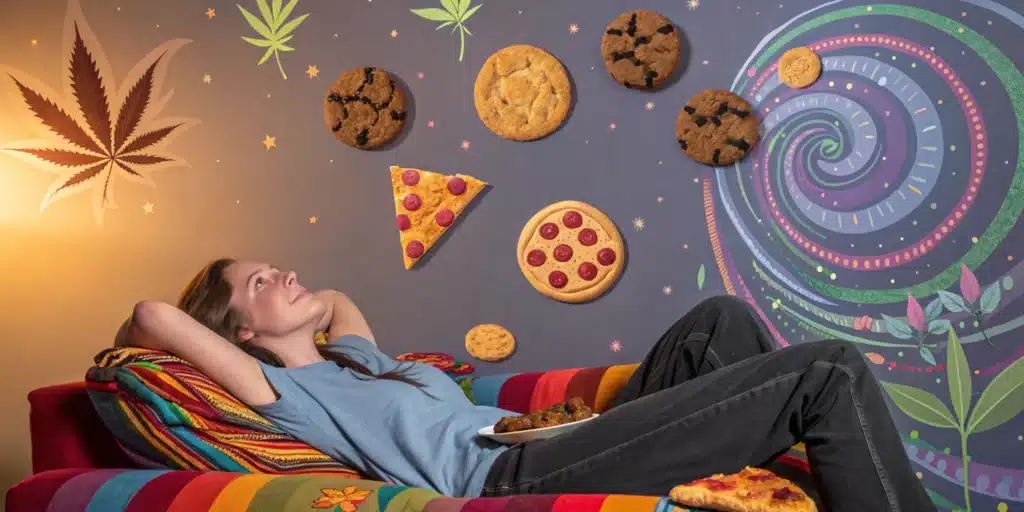 Woman reclining on a couch with floating cookies, pizza slices, and a psychedelic swirl backdrop featuring cannabis leaves.