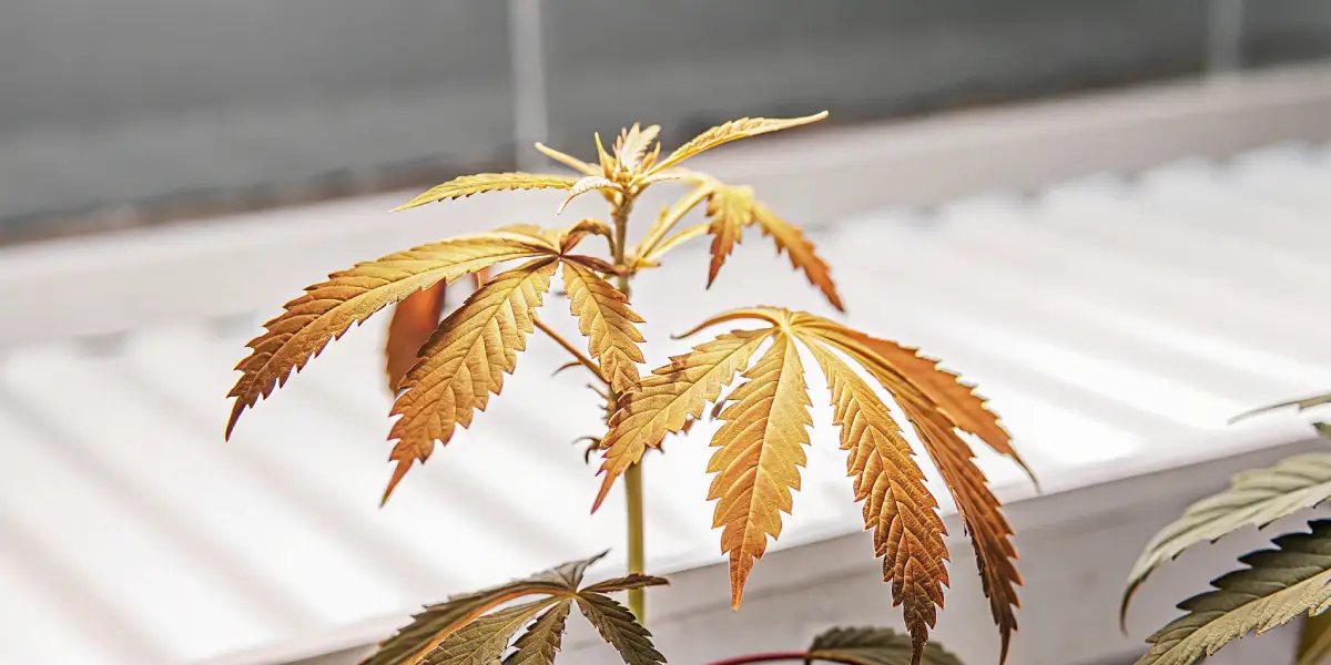 Close-up of a cannabis plant with golden-yellow leaves indicating nutrient deficiency under indoor grow lights.