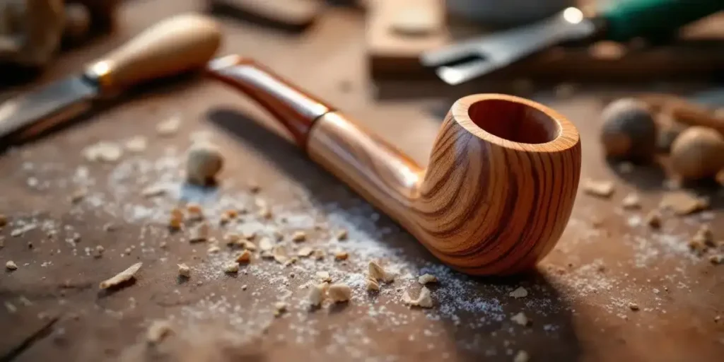 Handcrafted wooden weed pipe on a workbench with wood shavings and tools.