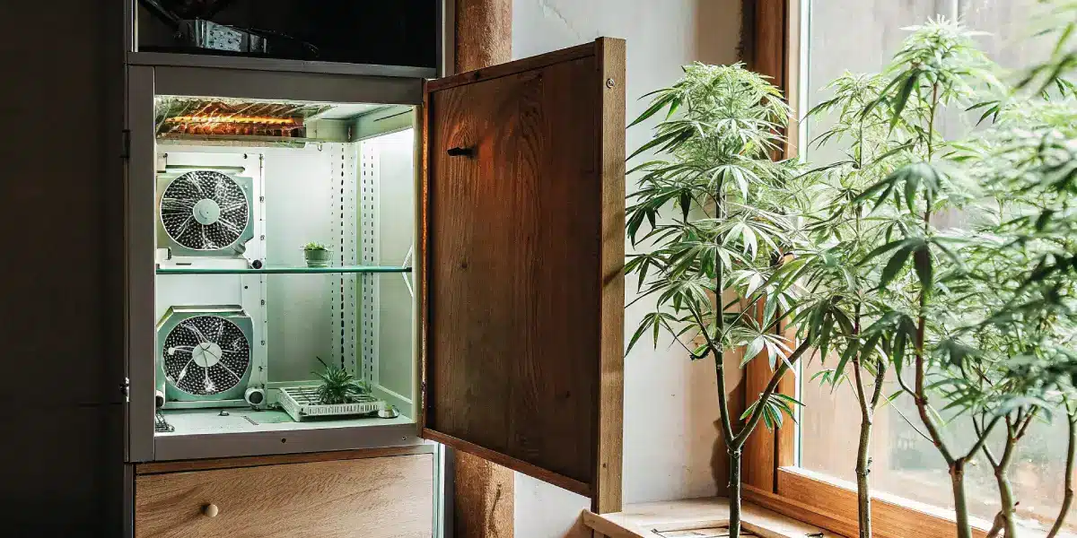 small cannabis micro-grow cabinet with cooling fans and seedlings