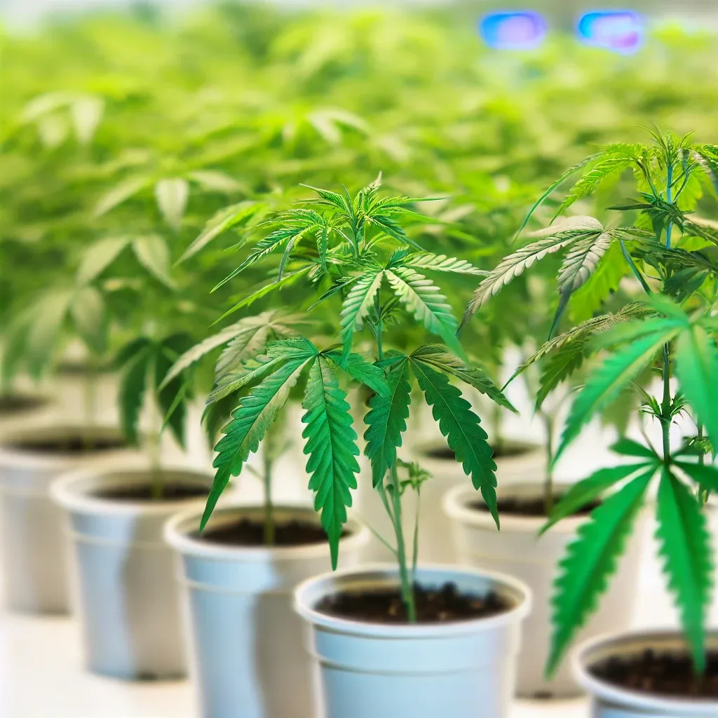 Rows of young hemp clones in individual pots, showcasing vibrant green foliage, ideal presentation for Hemp Clones for Sale.