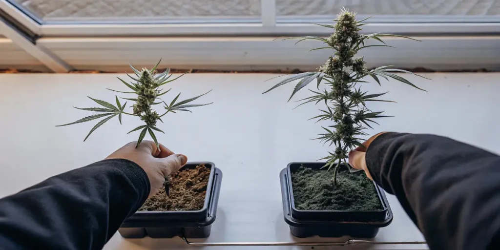 Indoor cannabis grow room with lush, healthy cannabis plants under LED lights