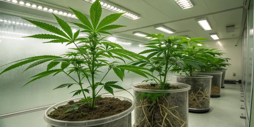 Indoor cannabis plants in transparent pots showing roots, inside a laboratory under LED lights.
