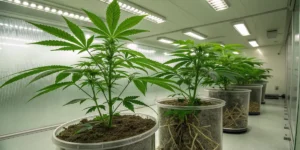 Indoor cannabis plants in transparent pots showing roots, inside a laboratory under LED lights.