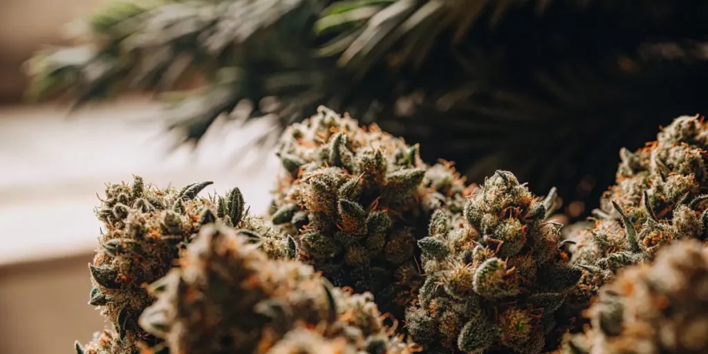 Close-up of Larry OG cannabis plant showing dense buds covered in trichomes.