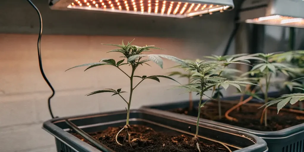 Cannabis plants in the vegetative stage under LED lights in an indoor grow room.