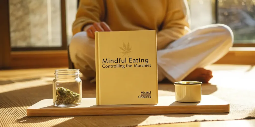 Mindful eating setup with cannabis jar, book and tea on a wooden tray in natural light.