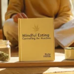 Mindful eating setup with cannabis jar, book and tea on a wooden tray in natural light.