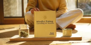 Mindful eating setup with cannabis jar, book and tea on a wooden tray in natural light.
