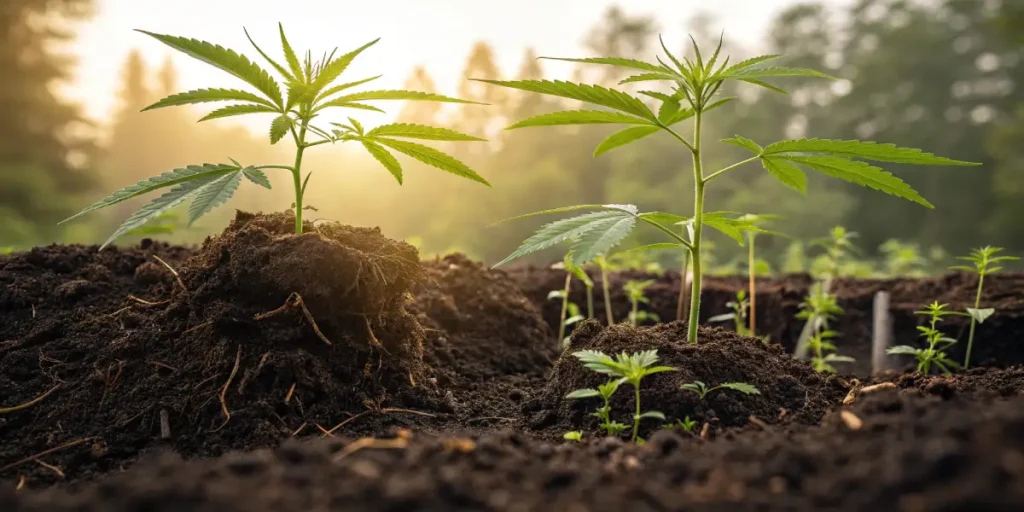 Organic cannabis seedlings thriving in nutrient-rich soil outdoors
