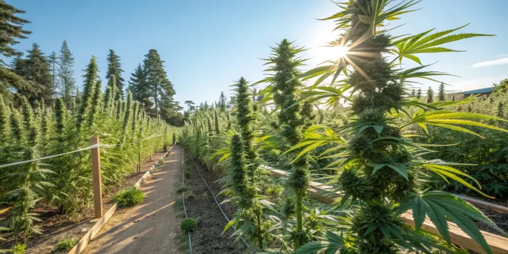 Outdoor cannabis field with tall flowering plants and sunlight shining through