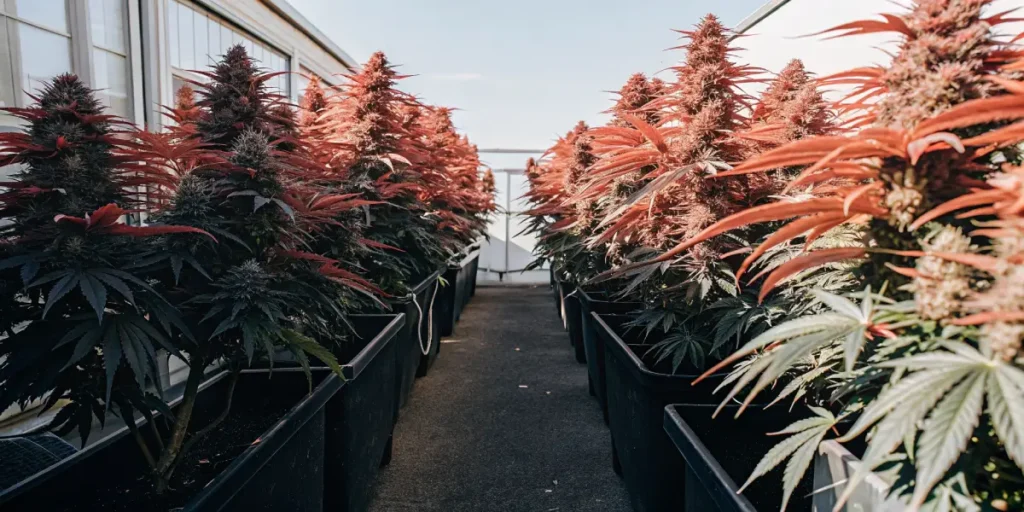 Outdoor cannabis garden with rows of red-leaved potted plants in full bloom