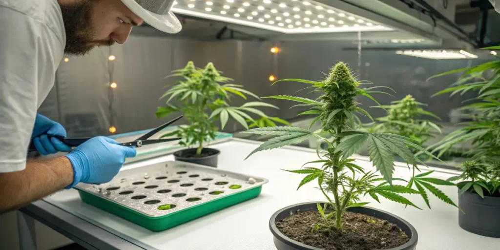 precision cannabis cutting in a scientific indoor grow room