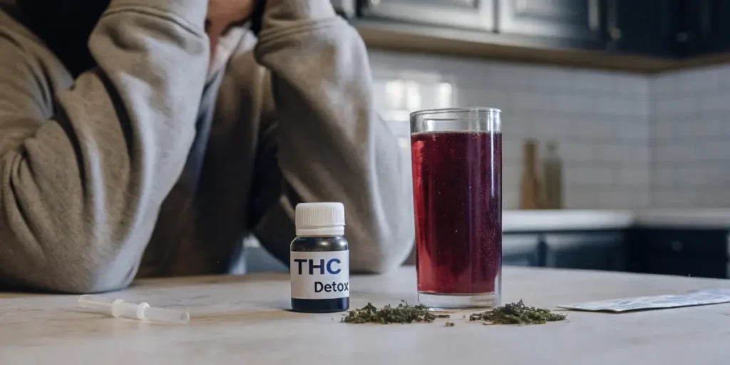THC detox drink in a glass with a detox bottle, dried cannabis, and kitchen background.