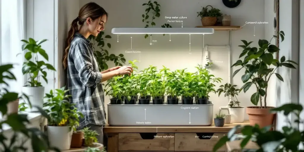 Woman tending cannabis clones in an indoor hydroponic setup with artificial lighting.