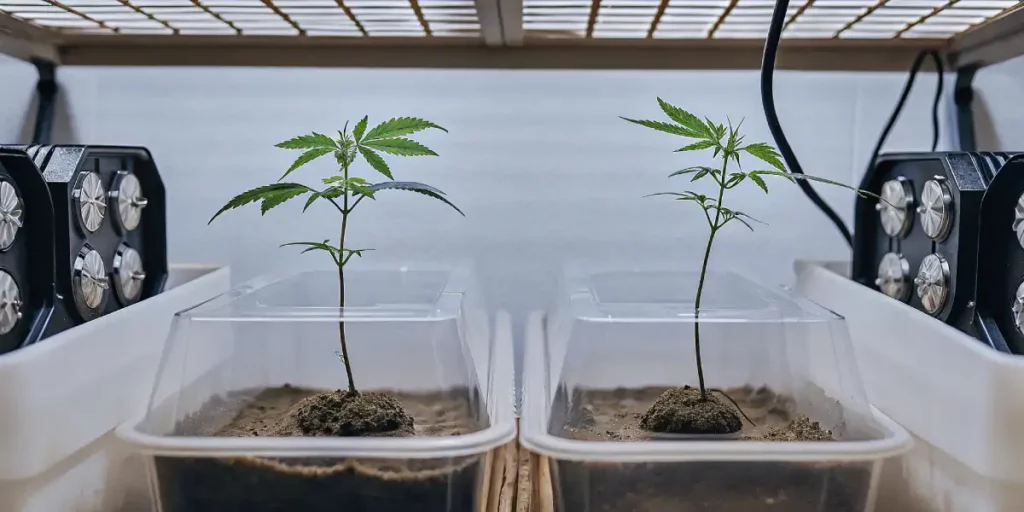 Cannabis seedlings in transparent containers under LED grow lights in a controlled indoor cultivation environment.