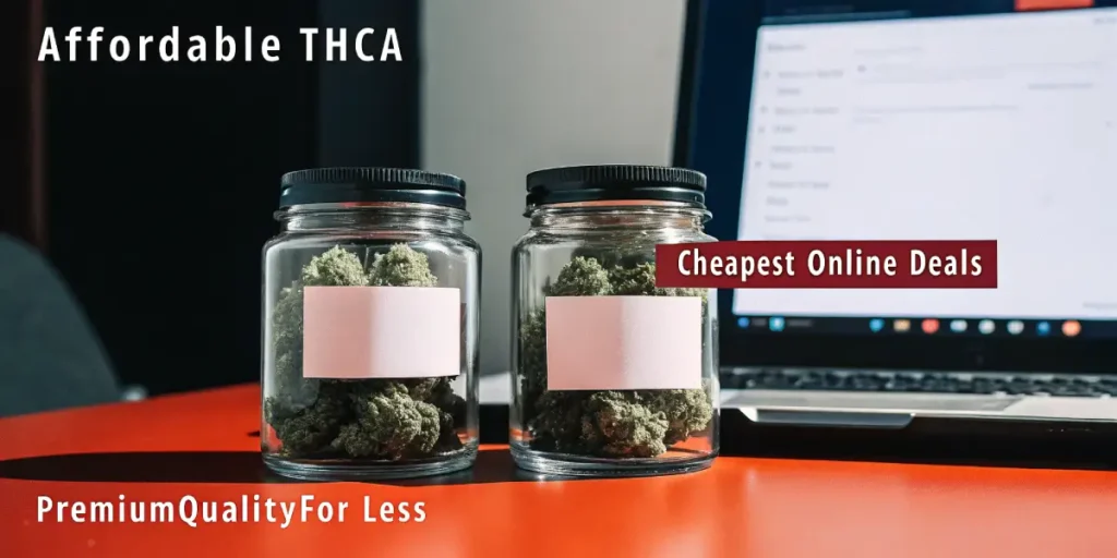 Hyper-realistic scene: two glass jars of cannabis buds with blank labels on a red table, with a laptop showing "Affordable THCA" and "Cheapest Online Deals."