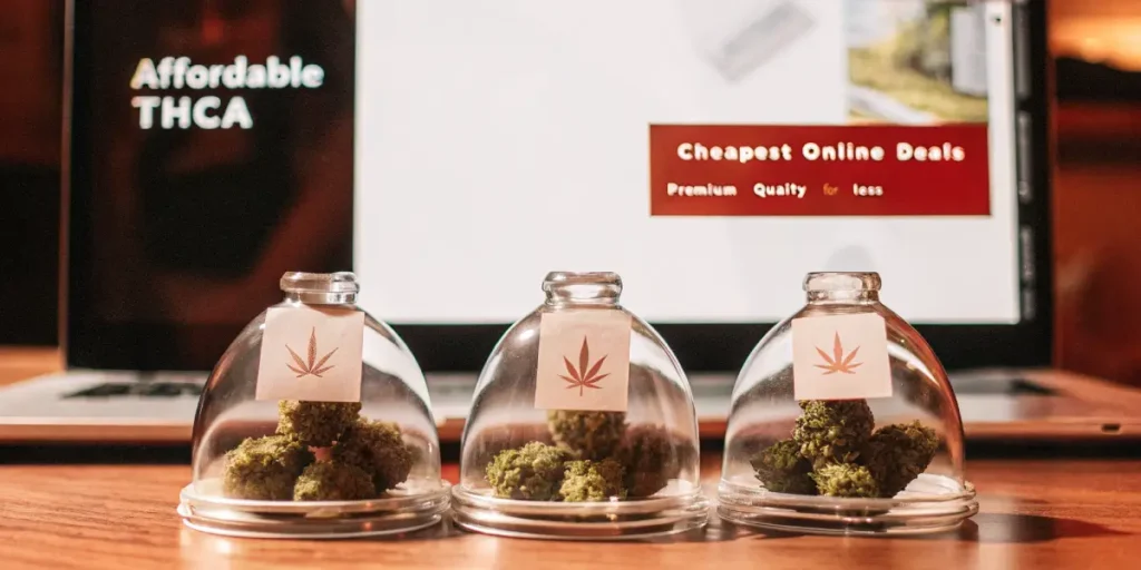 Hyper-realistic scene: three glass cloches with cannabis buds and cannabis leaf labels on a wooden table, with a laptop displaying "Affordable THCA" and "Cheapest Online Deals."
