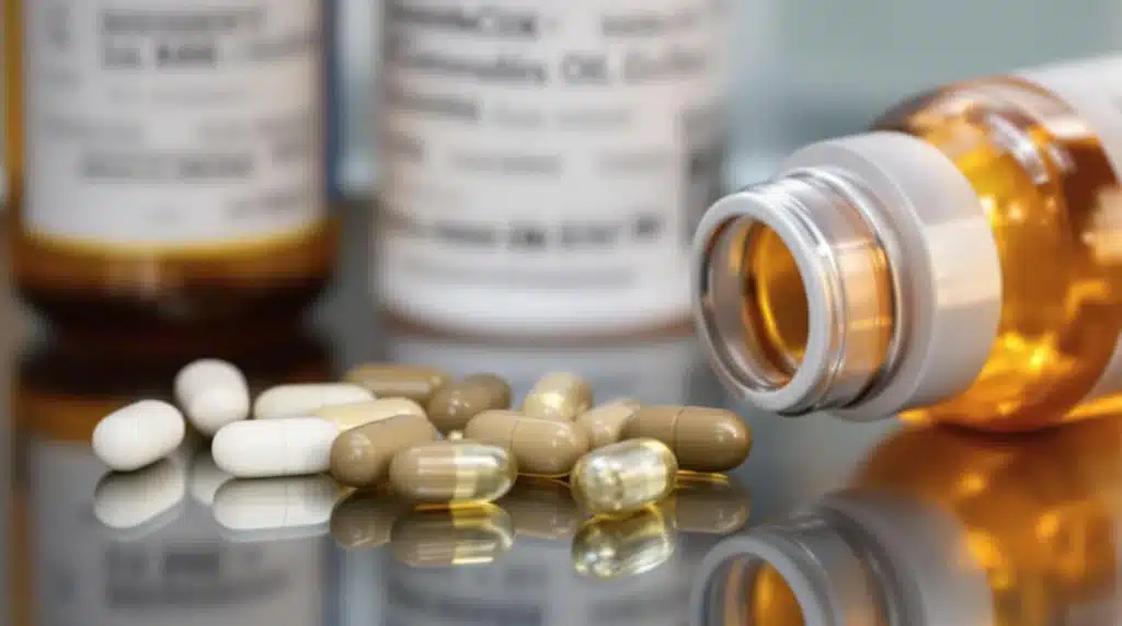 Cannabis oil and antibiotics placed together, highlighting potential combined use.