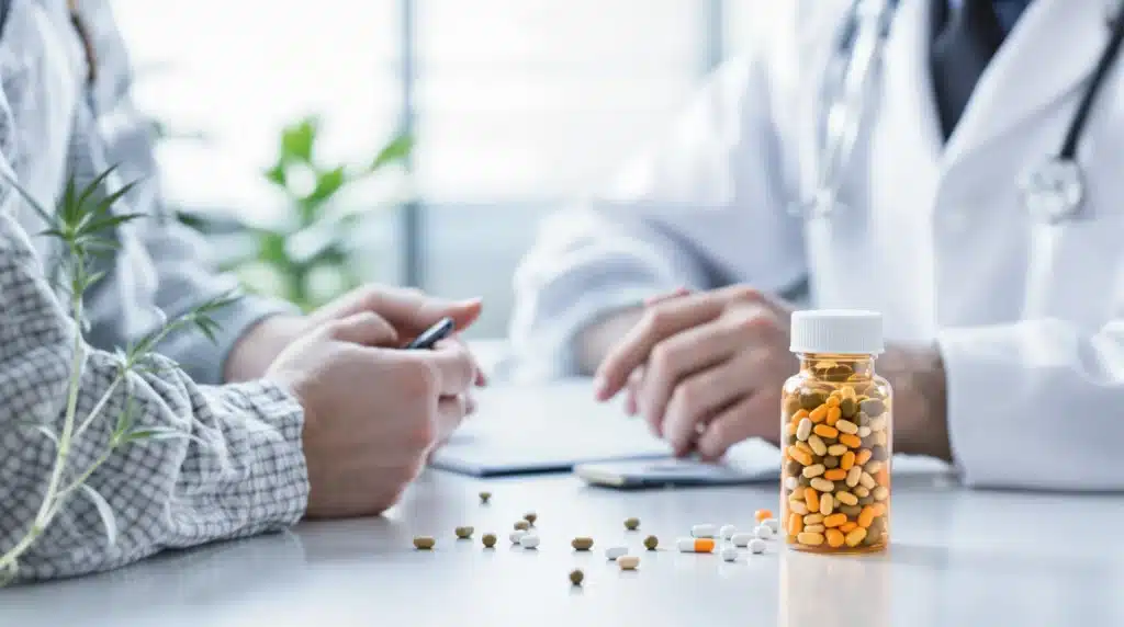 Doctor consulting a patient with cannabis and antibiotics on a desk, emphasizing medical guidance.