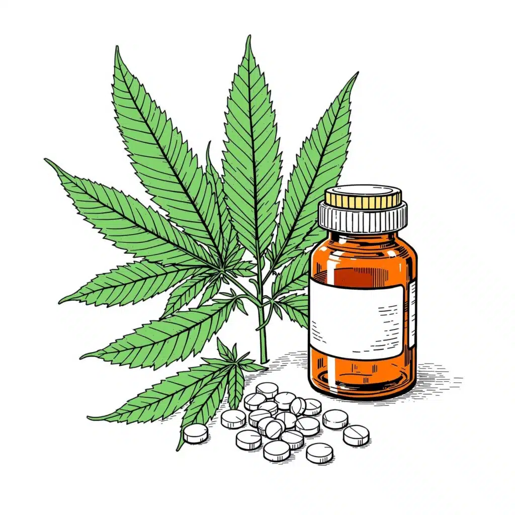 Cannabis leaves and antibiotic pills on a white background, representing their interaction."