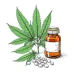 Cannabis leaves and antibiotic pills on a white background, representing their interaction."